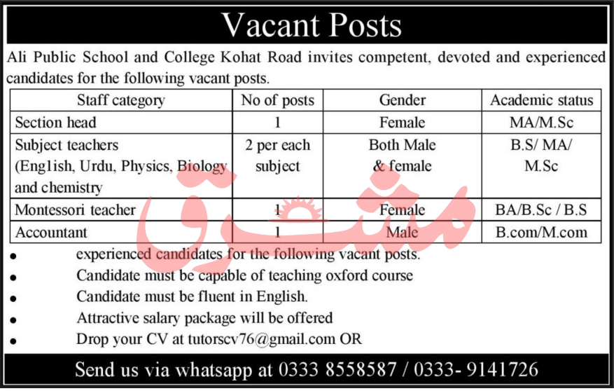 Ali Public School and College Jobs July 2021