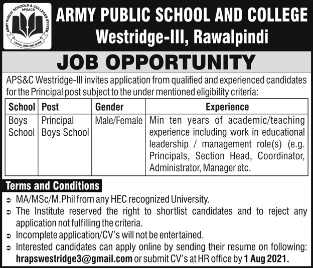Army Public School and College Rawalpindi Jobs July 2021