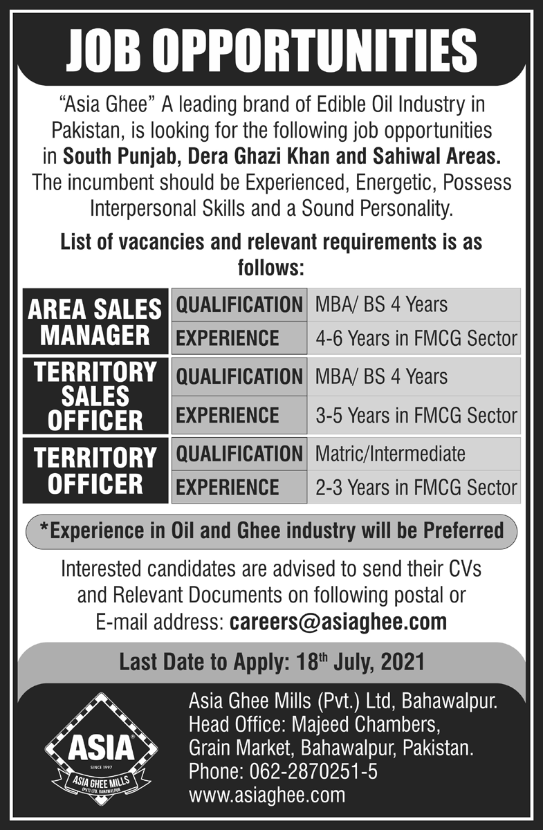 Asia Ghee Leading Brand Oil Industry Jobs July 2021