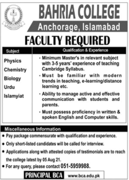 Bahria College Islamabad Jobs July 2021