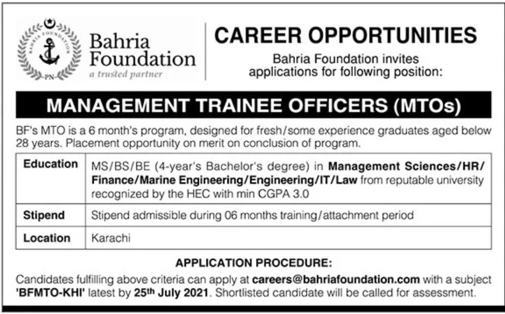 Bahria Foundation Jobs July 2021