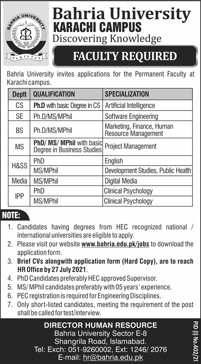 Bahria University Karachi Jobs July 2021