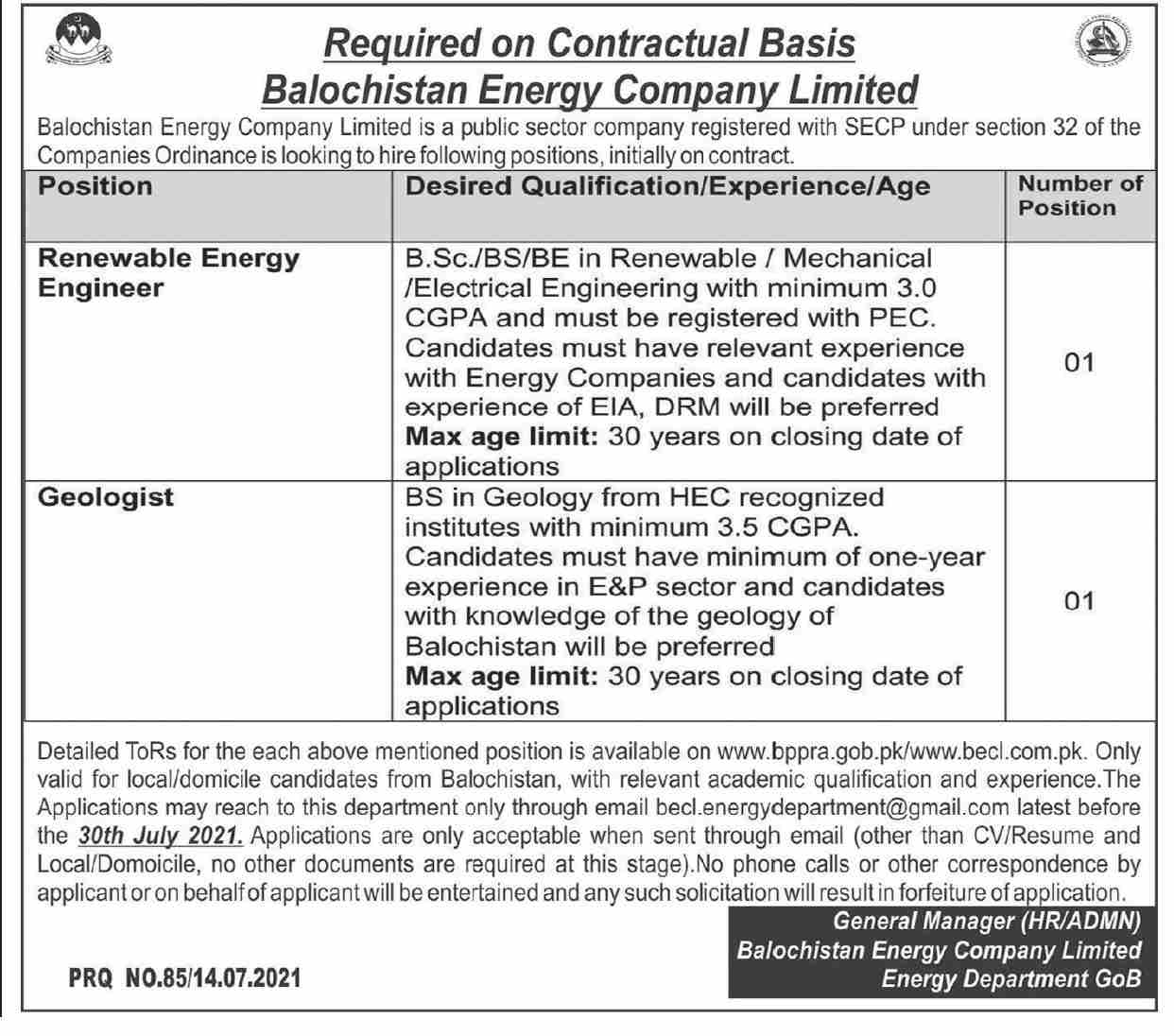 Balochistan Energy Company Limited Jobs July 2021