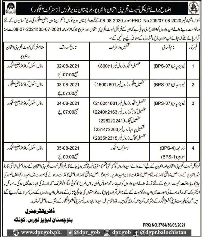 Balochistan Levies Jobs July 2021