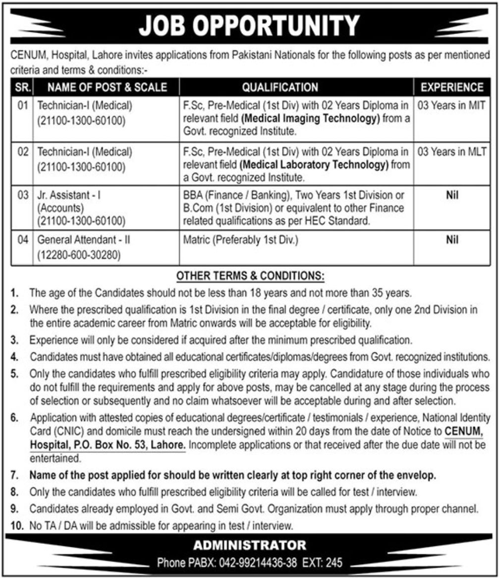 CENUM Hospital Lahore Jobs July 2021