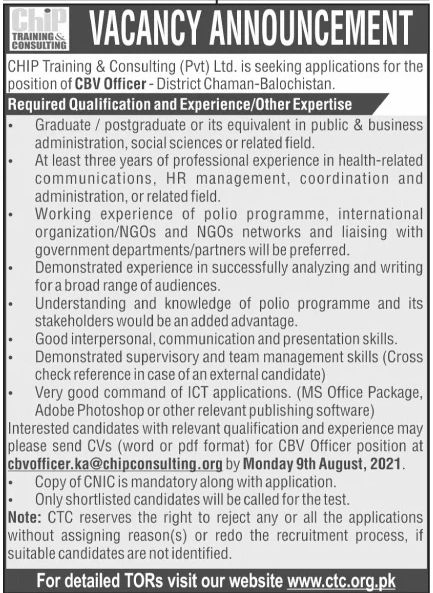 CHIP Training & Consulting Pvt Ltd Jobs July 2021