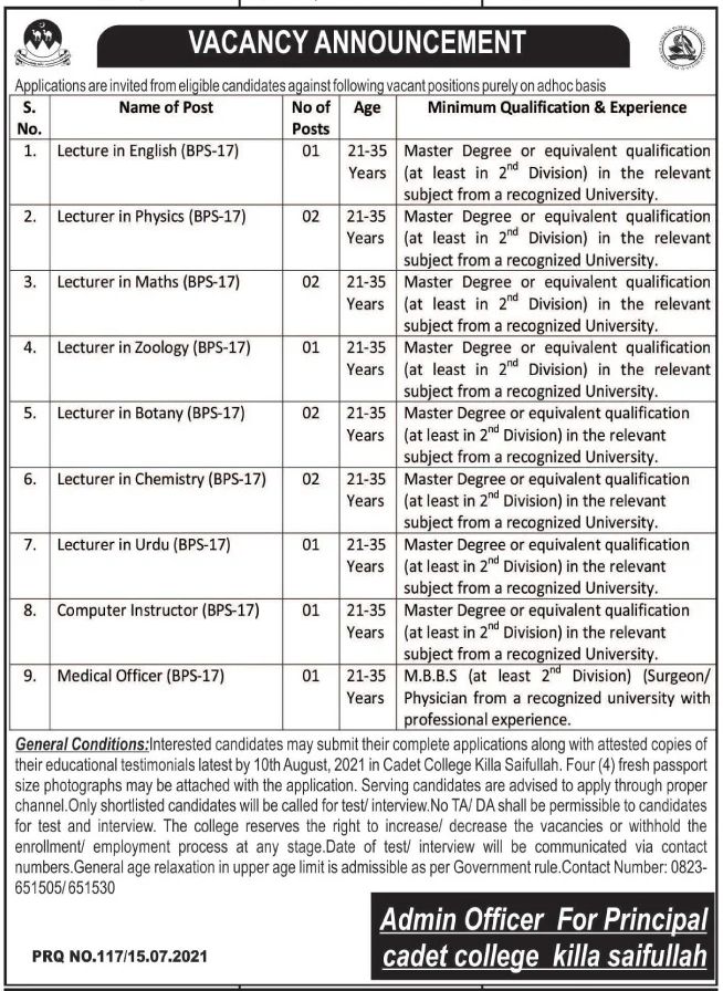 Cadet College Killa Saifullah Jobs July 2021