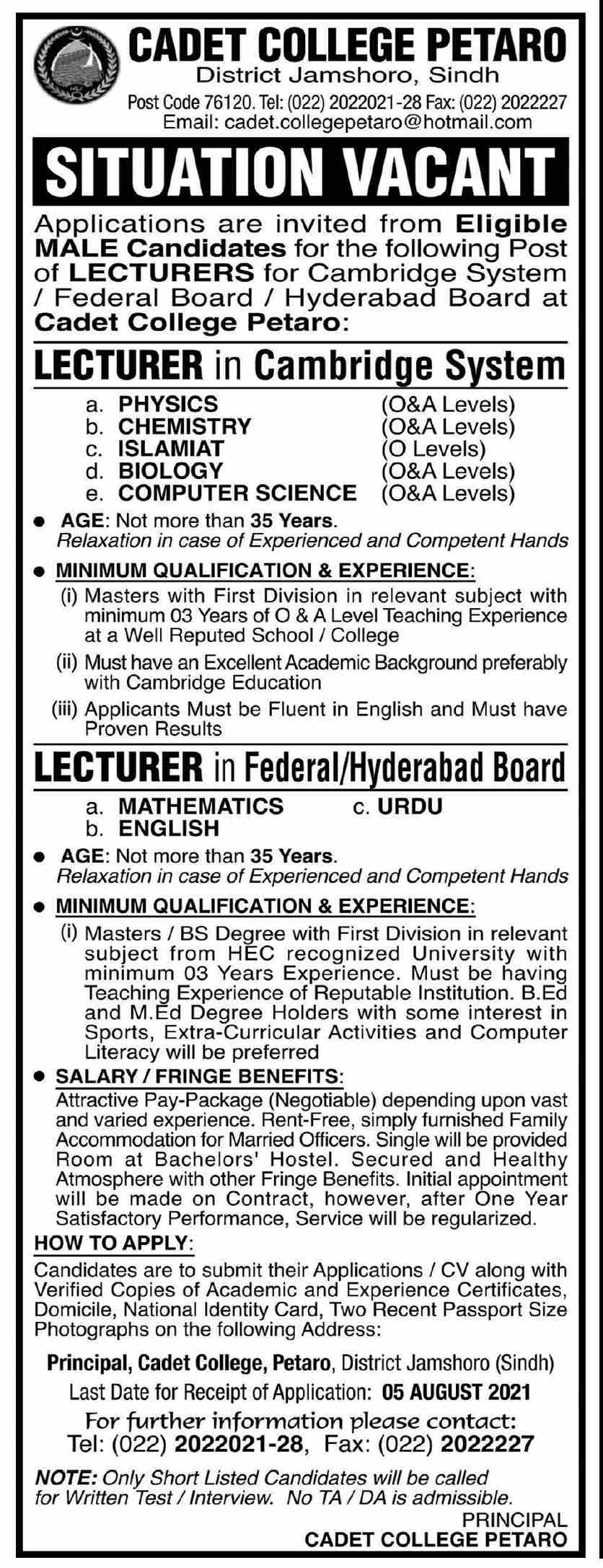 Cadet College PETARO Jobs July 2021