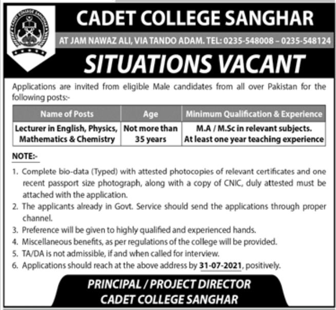 Cadet College Sanghar Jobs July 2021