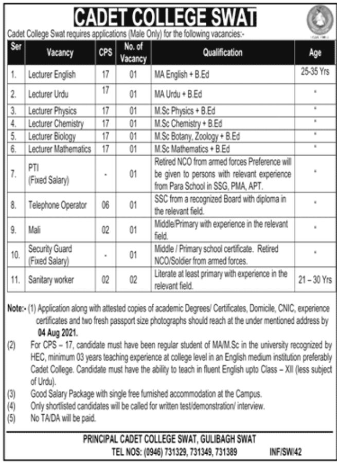Cadet College Swat Jobs July 2021