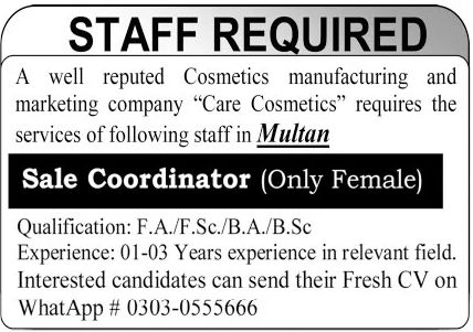 Cosmetics Manufacturing and Marketing Company Jobs July 2021