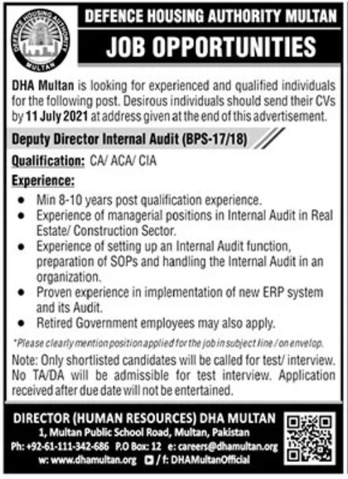 Defence Housing Authority Multan Jobs July 2021