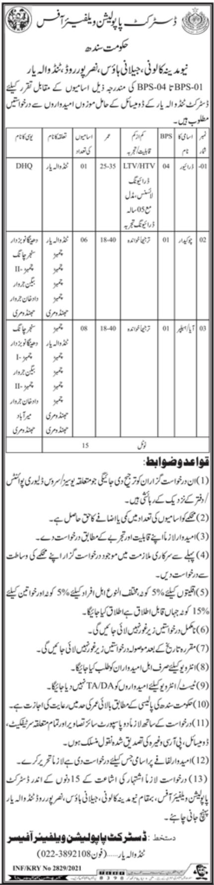 District Population Welfare Office Tando Wala Yar Jobs July 2021