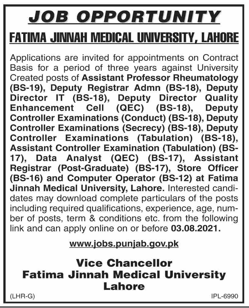 Fatima Jinnah Medical University Lahore Jobs July 2021