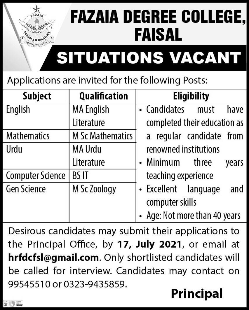 Fazaia Degree College Faisal Jobs July 2021