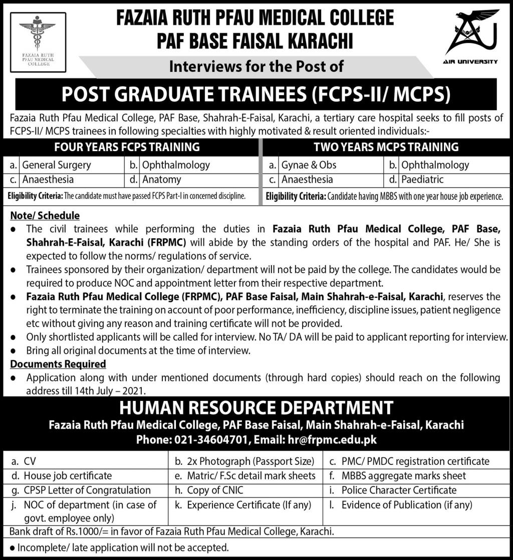 Fazaia Ruth PFAU Medical College PAF Base Faisal Karachi Jobs July 2021