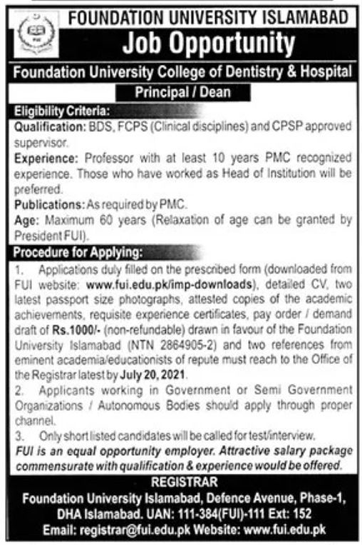 Foundation University Islamabad Jobs July 2021