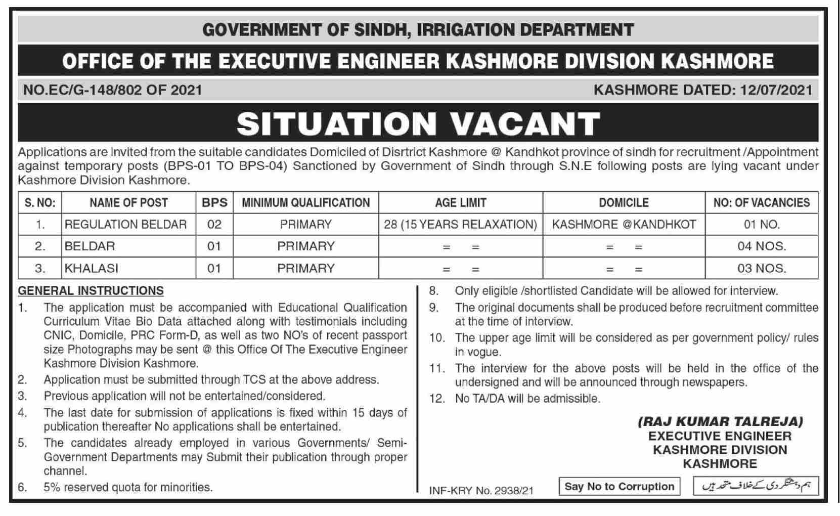 Government of Sindh Irrigation Department Jobs July 2021