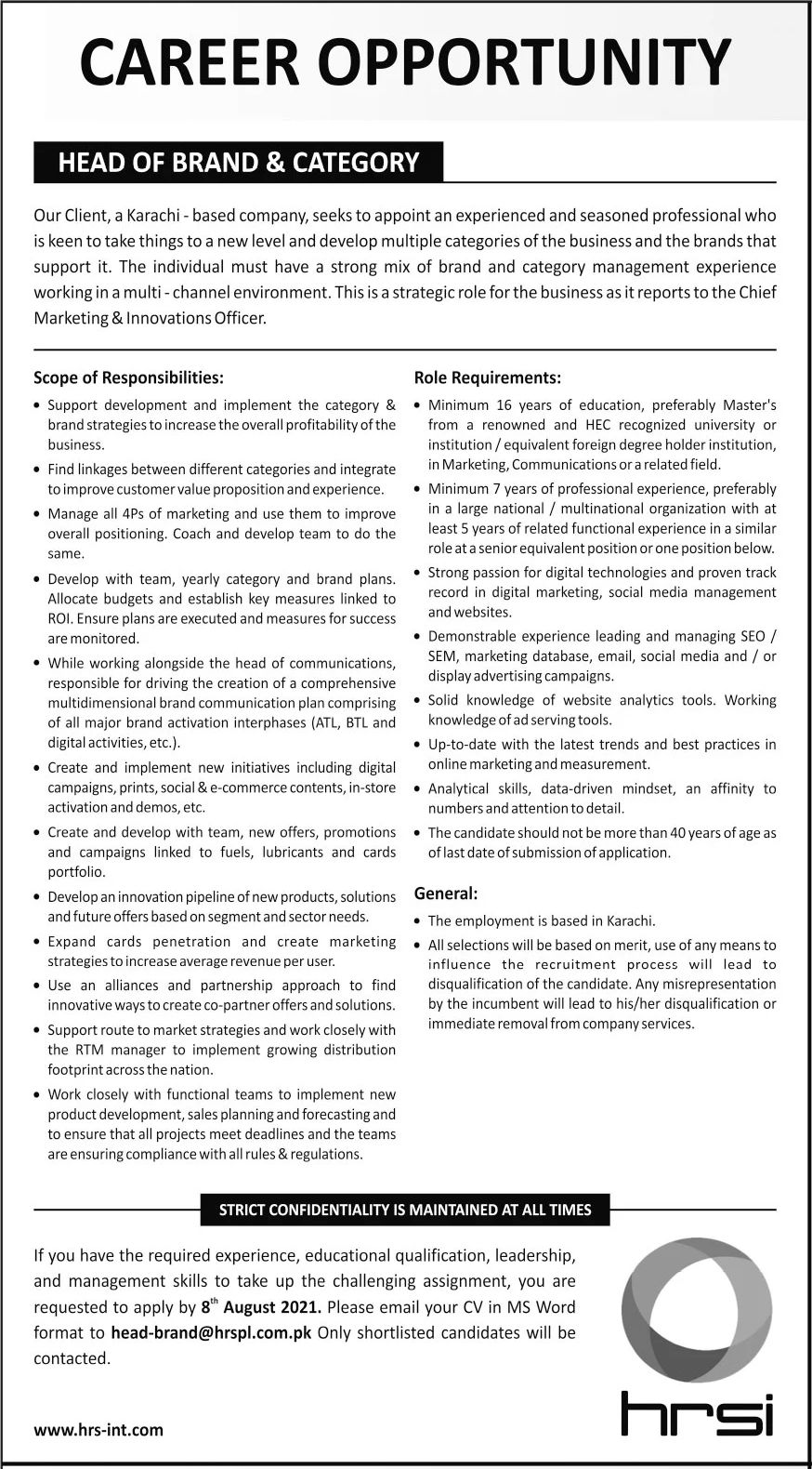 HRSI Head of Brand & Category Karachi Jobs July 2021