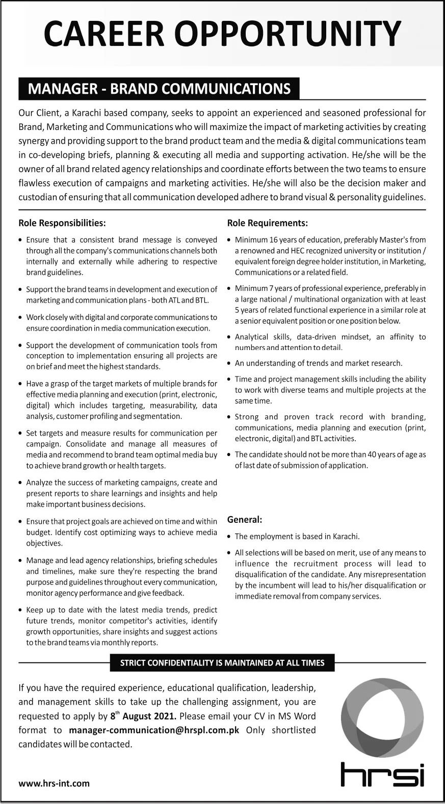 HRSI Manager Brand Communication Jobs July 2021
