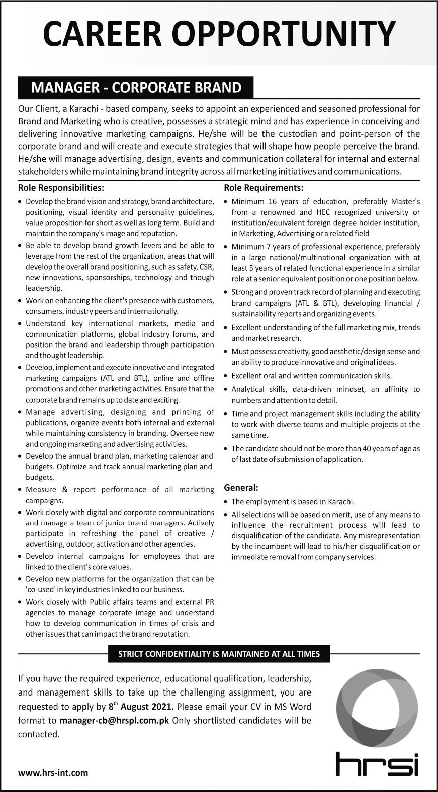 HRSI Manager Corporate Brand Jobs July 2021