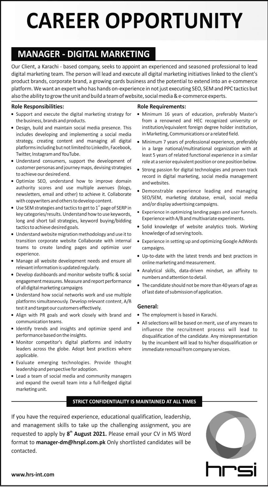 HRSI Manager Digital Marketing Jobs July 2021