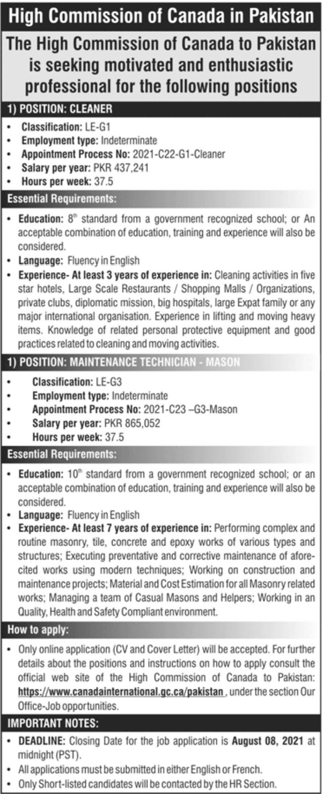 High Commission of Canada Pakistan Jobs July 2021