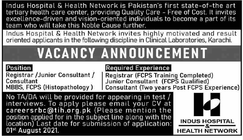 Indus Hospital & Health Network Pakistan Jobs July 2021