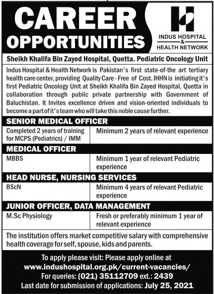 Indus Hospital Karachi jobs July 2021