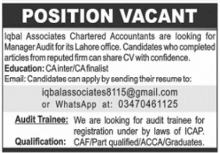 Iqbal Associates Chartered Accountants Jobs July 2021