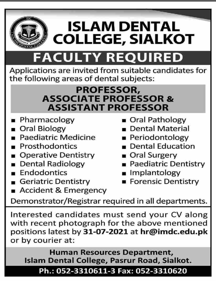 Islam Dental College Sialkot Jobs July 2021