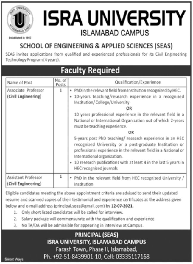 Isra University Islamabad Jobs July 2021