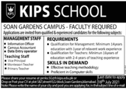 KIPS School Jobs July 2021