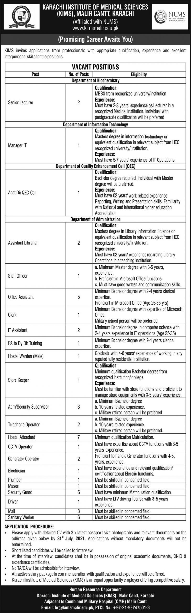 Karachi Institute of Medical Sciences KIMS Jobs July 2021