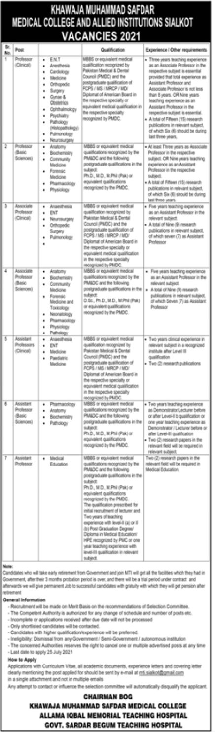 Khawaja Muhammad Safdar Medical College and Allied Institutions Jobs July 2021