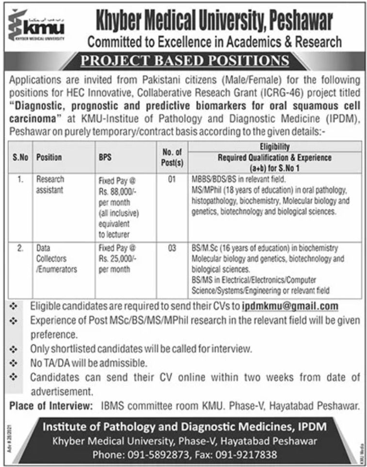 Khyber Medical University Peshawar Jobs July 2021