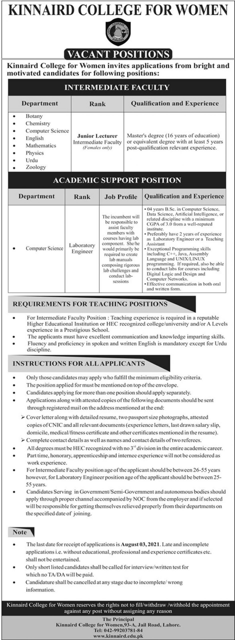 Kinnaird College for Women Jobs July 2021