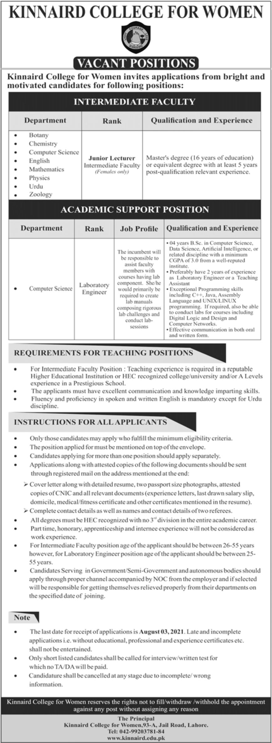 Kinnaird College for Women Jobs July 2021