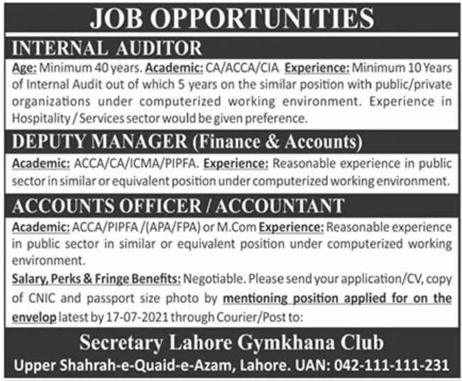 Lahore Gymkhana Club Jobs July 2021