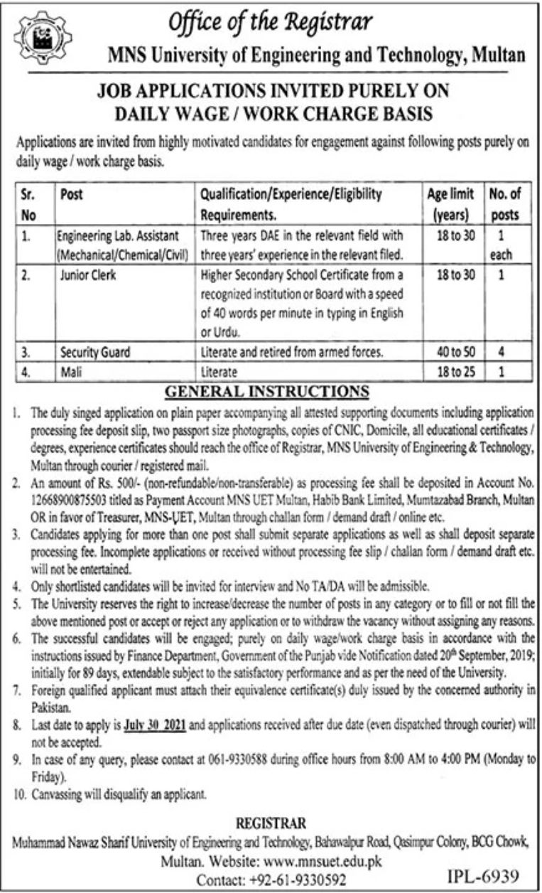 MNS University of Engineering and Technology Multan Jobs July 2021