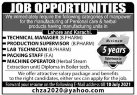 Manufacturing Unit Jobs July 2021