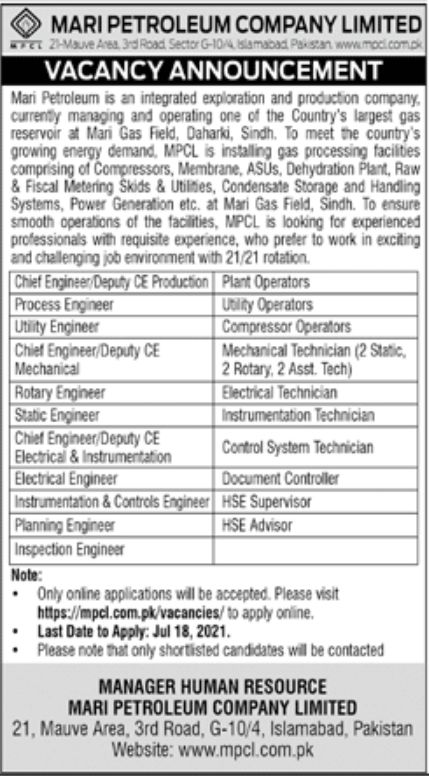 Mari Petroleum Company Limited MPCL Jobs July 2021