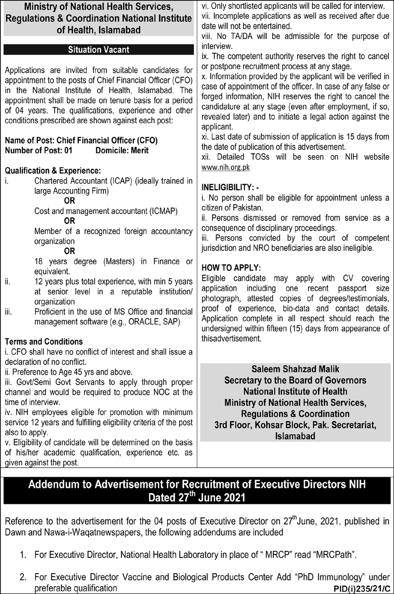 Ministry of National Health Services Regulations & Coordination National Institute of Health Islamabad Jobs July 2021