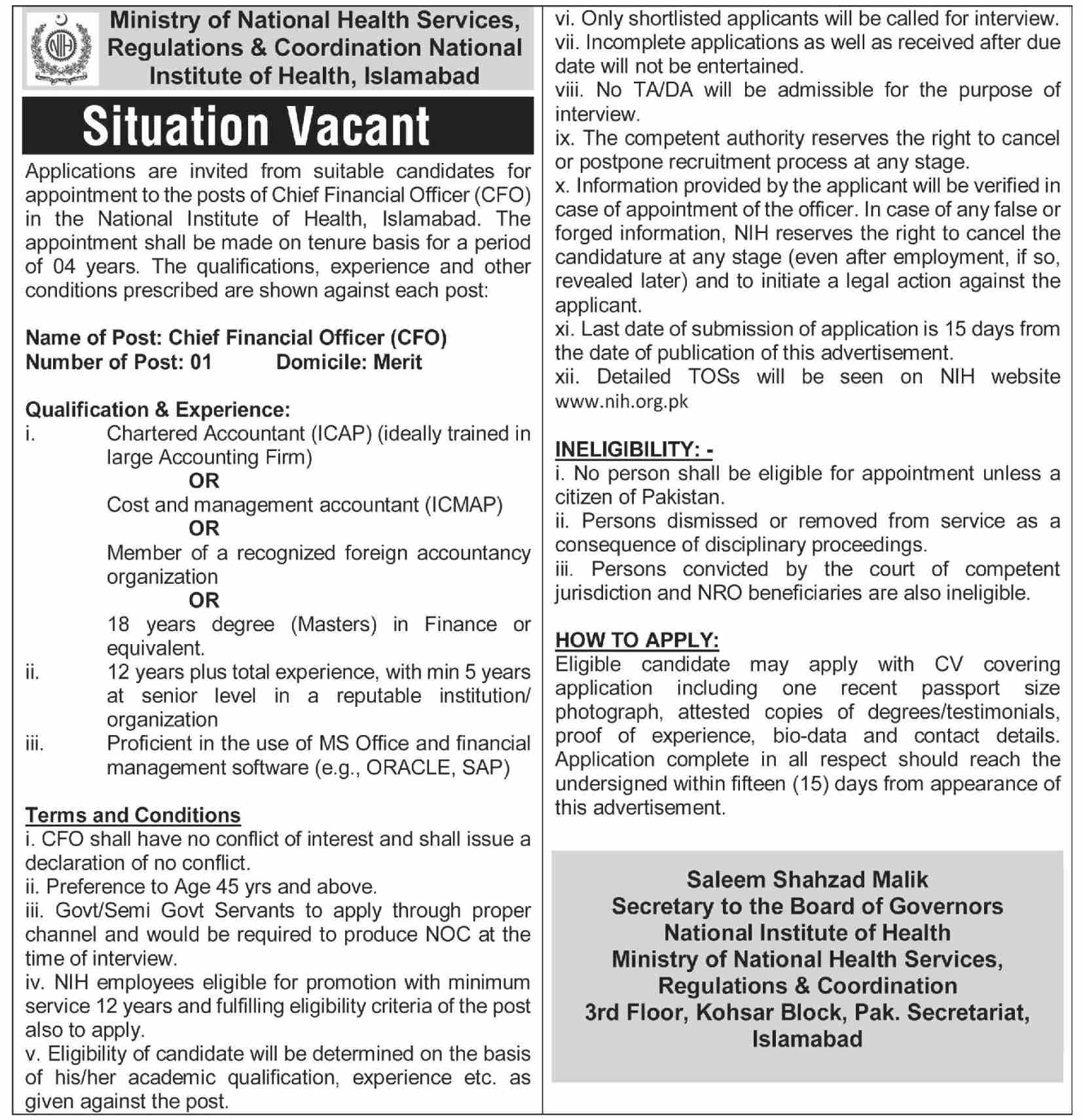 Ministry of National Health Services, Regulations & Coordination National Institute of Health Islamabad Jobs July 2021