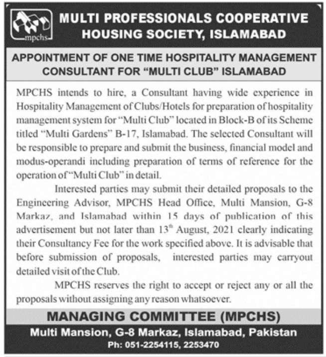 Multi Professionals Cooperative Housing Society Jobs July 2021