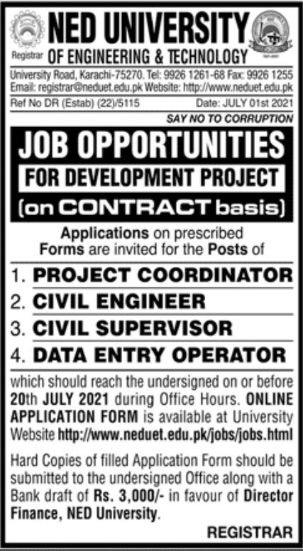 NED University of Engineering & Technology Jobs July 2021