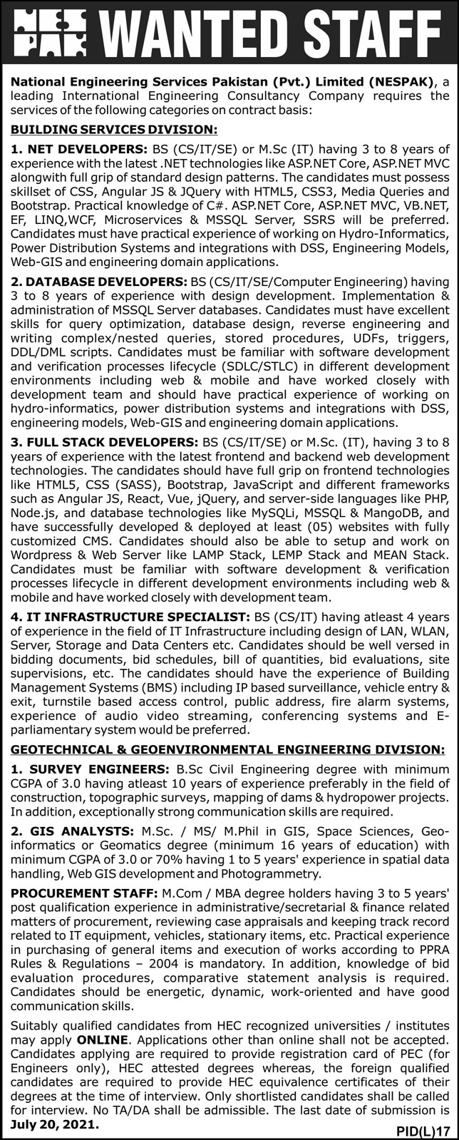 National Engineering Services Pakistan NESPAK Jobs July 2021
