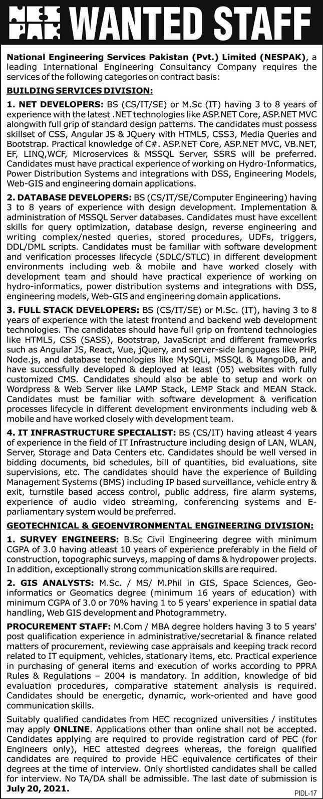 National Engineering Services Pakistan Pvt Limited NESPAK Jobs July 2021