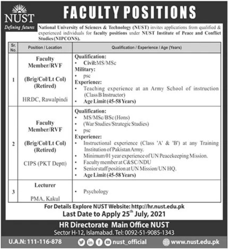 National University of Sciences & Technology NUST Jobs July 2021