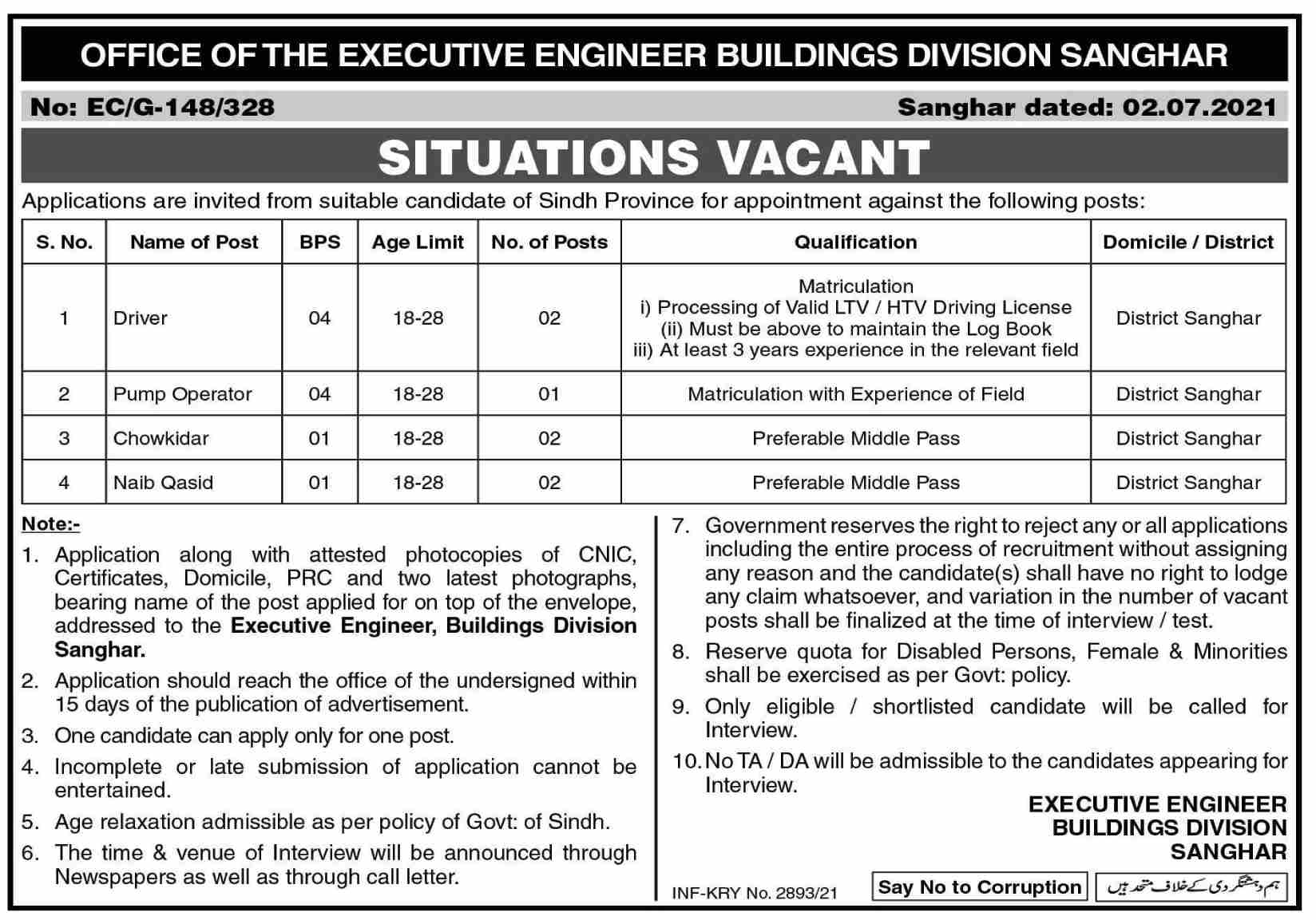 Office of the Executive Engineer Buildings Division Sanghar Jobs July 2021